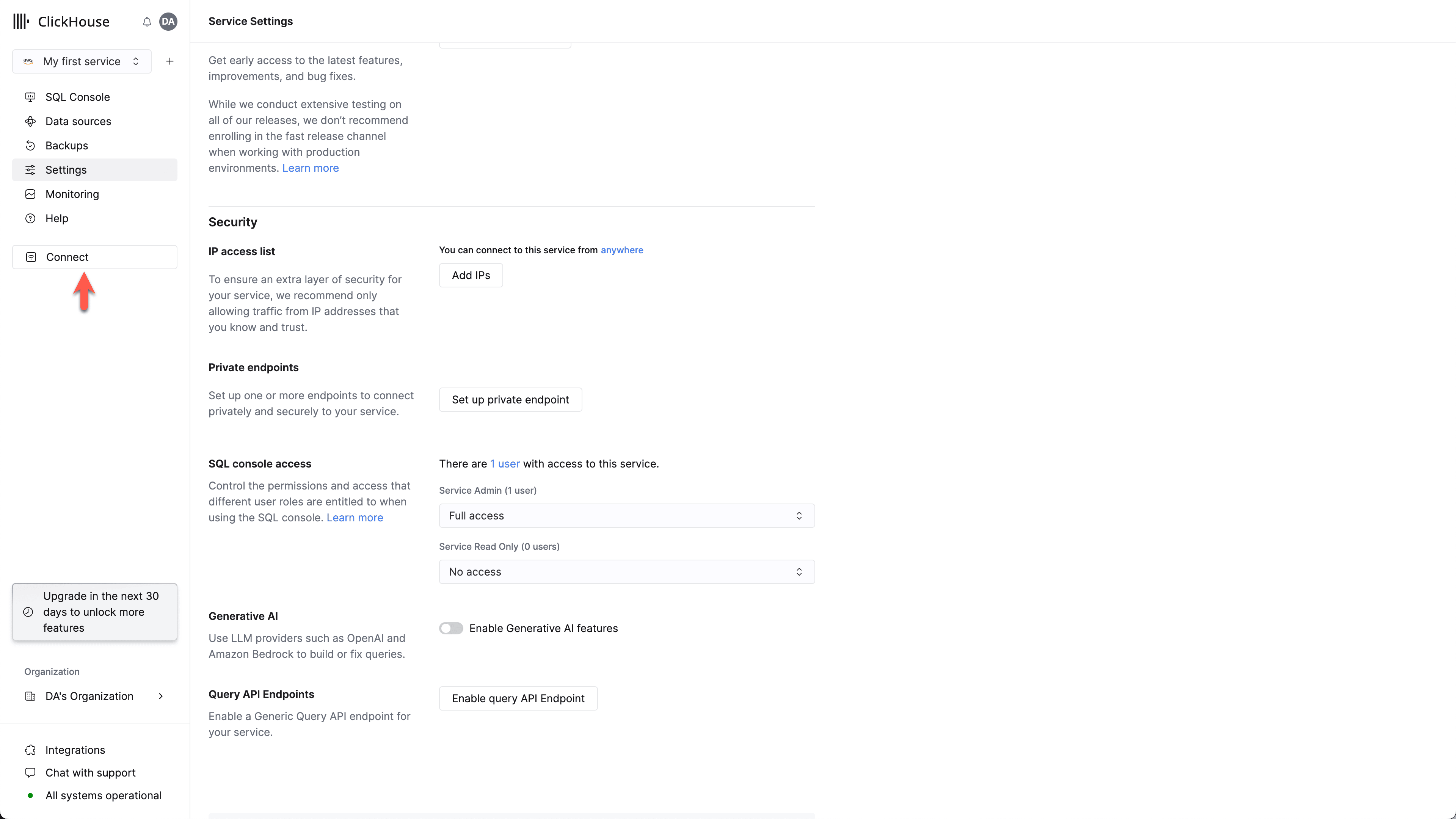 شاشة اتصال خدمة ClickHouse Cloud مع تمييز خيار Connect