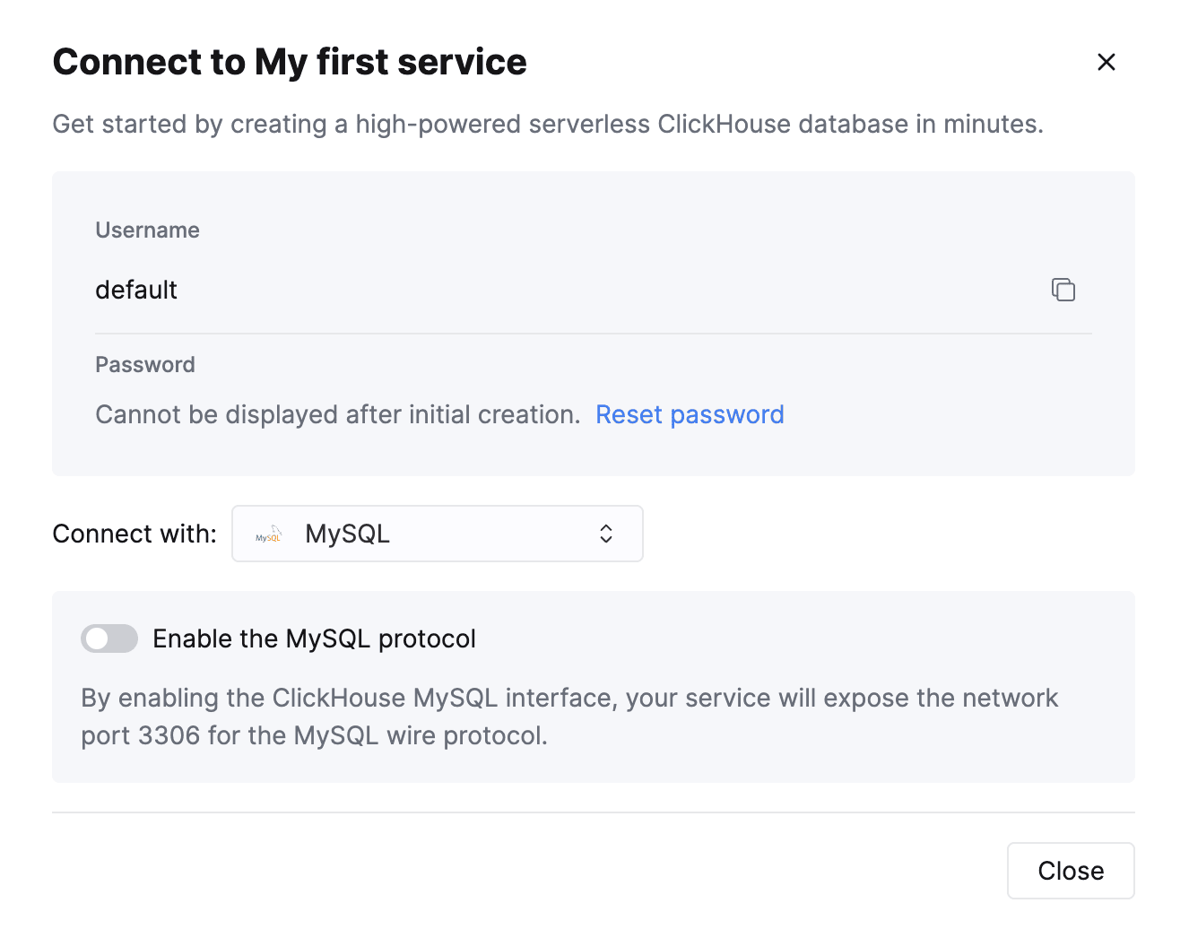 شاشة اتصال ClickHouse Cloud التي تعرض اختيار خيار MySQL