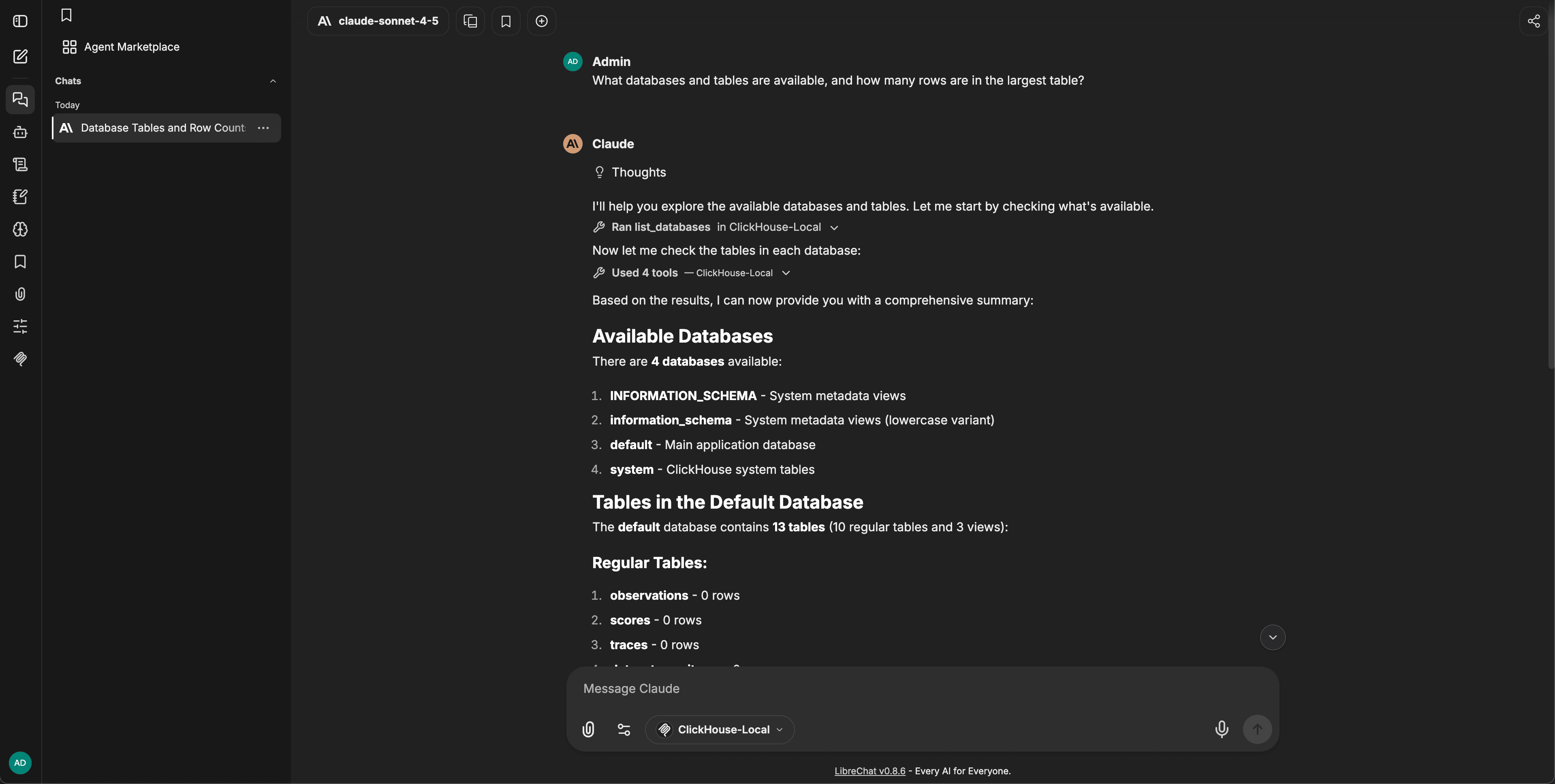 LibreChat respondiendo a la pregunta de ejemplo al invocar las herramientas MCP de ClickHouse-Local y listar las bases de datos y tablas disponibles
