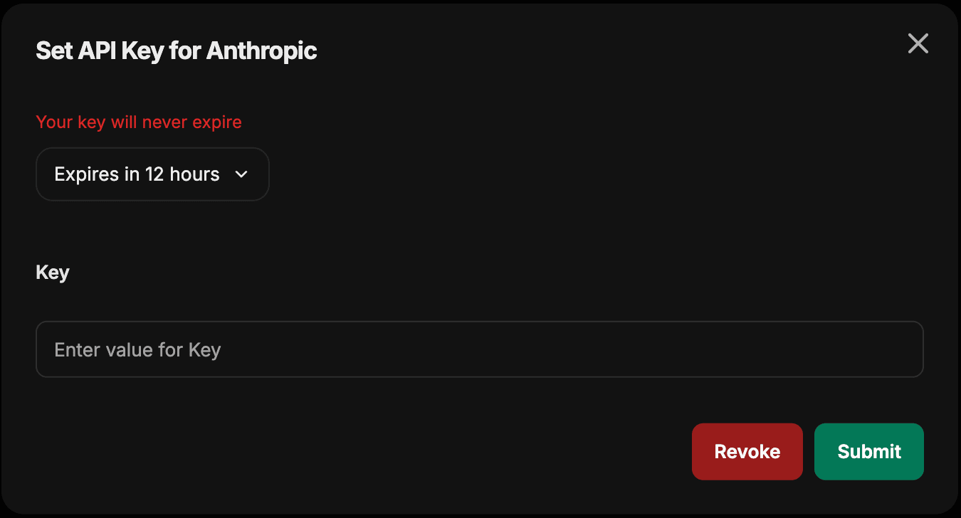 El cuadro de diálogo Set API Key for Anthropic con un desplegable de vencimiento, un campo Key y los botones Submit y Revoke