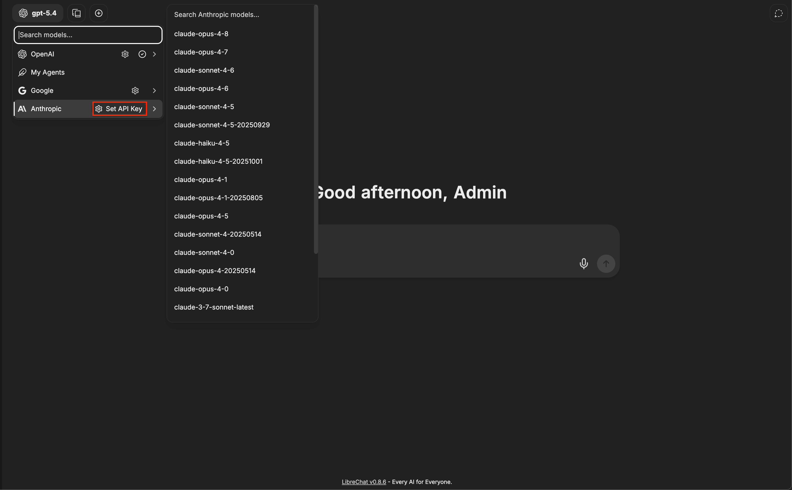 Selector de modelos de LibreChat con el botón Set API Key junto al proveedor Anthropic