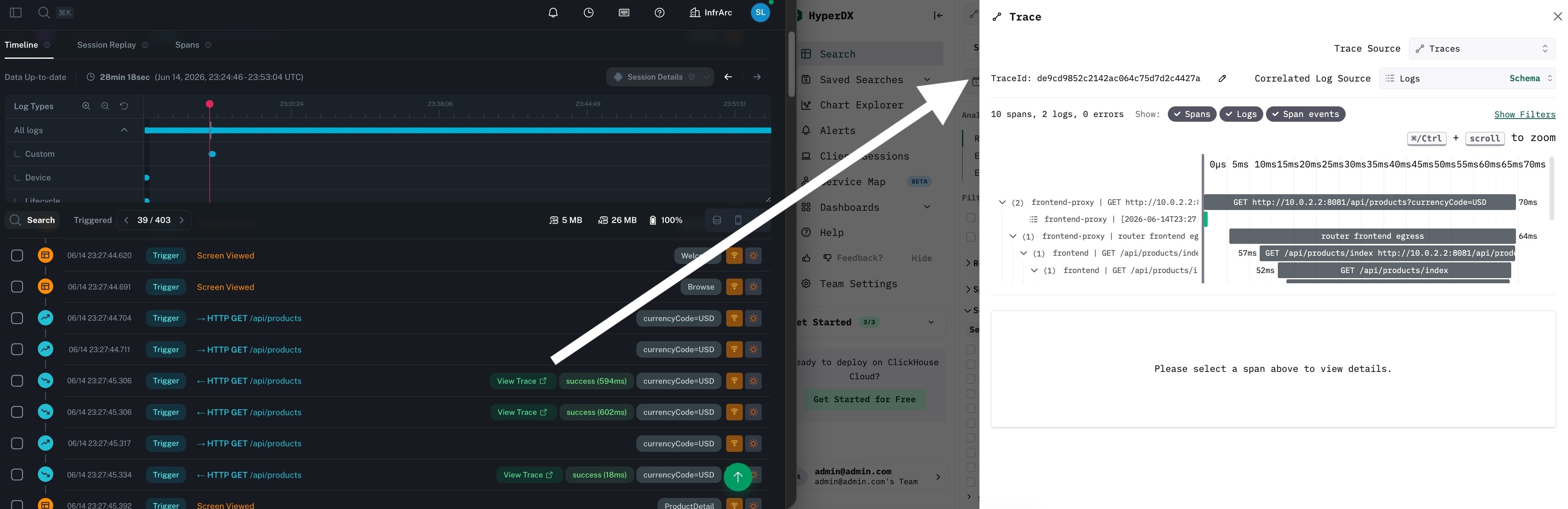 Une trace bitdrift renvoyant vers une trace distribuée dans l’UI ClickStack