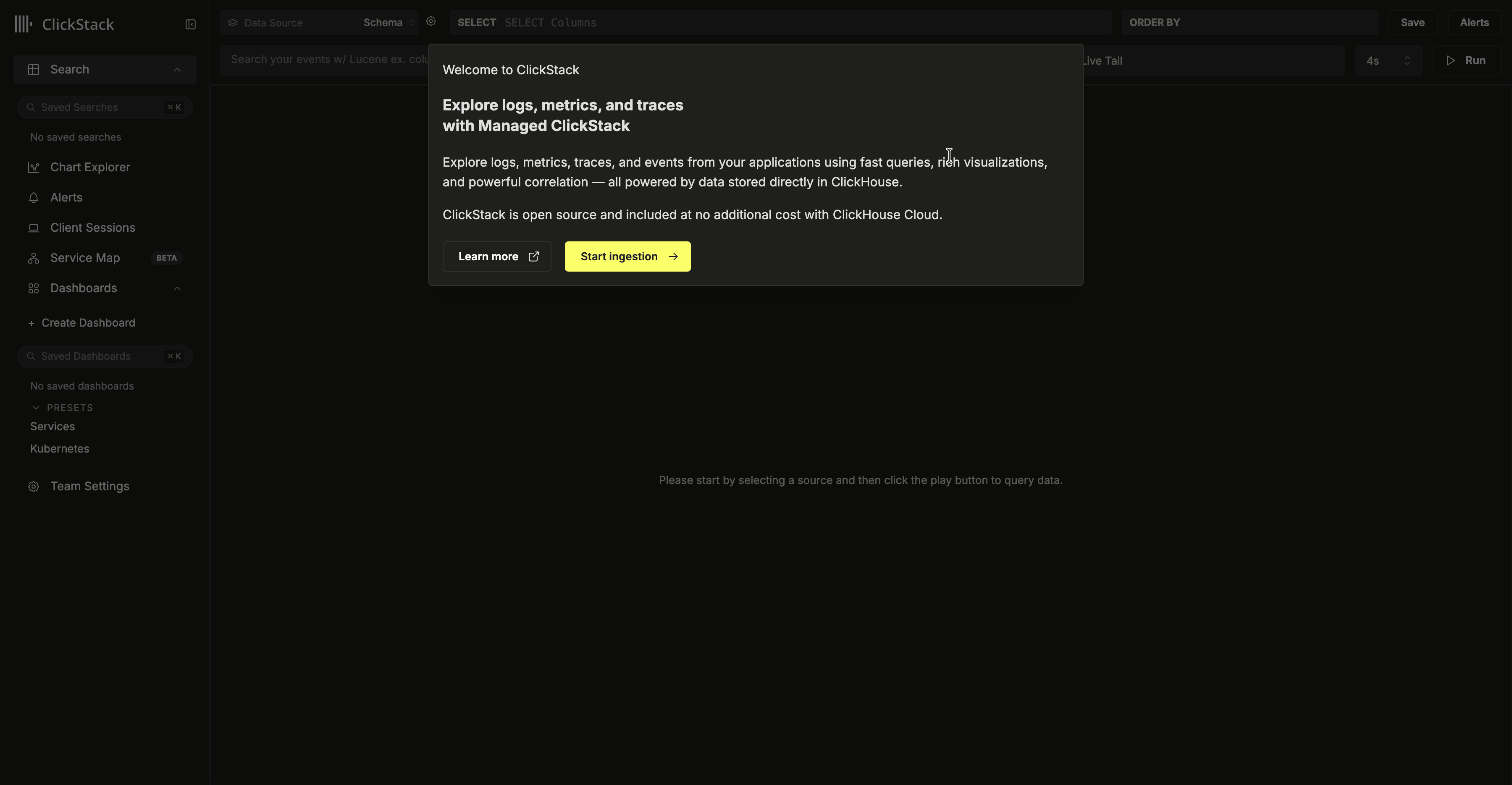 إعداد الاستيعاب في واجهة ClickStack