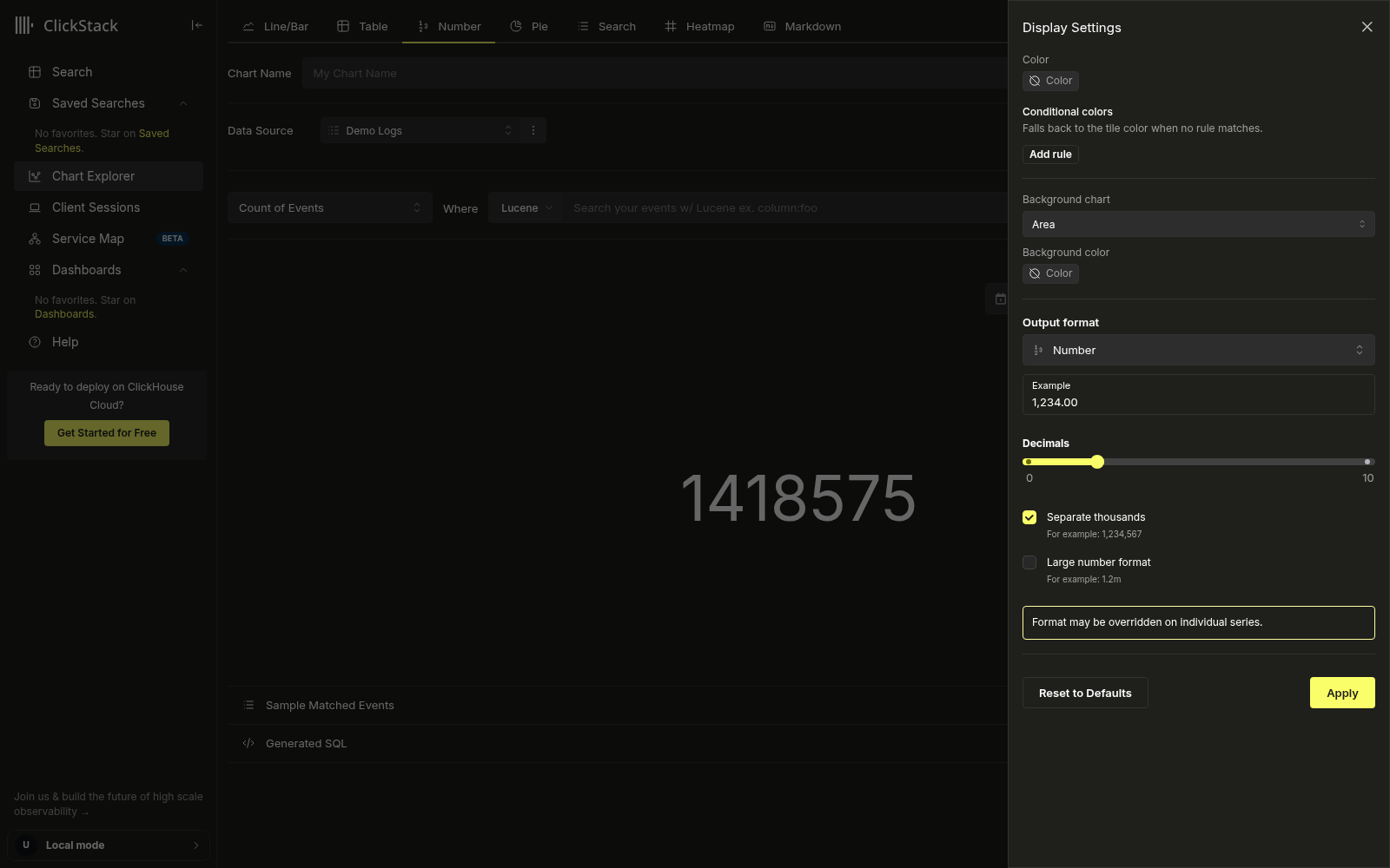 Выдвижная панель Display Settings для плитки Number, где для параметра Background chart установлено значение Area