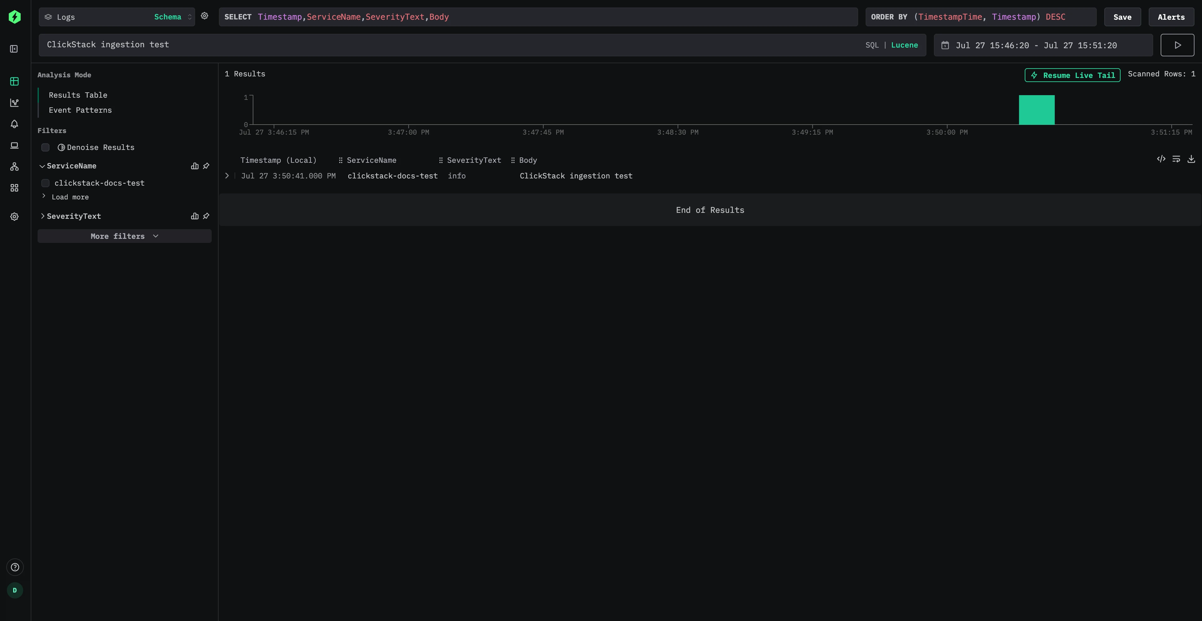 عرض سجلات ClickStack Open Source يُظهر حدث اختبار استيعاب ClickStack