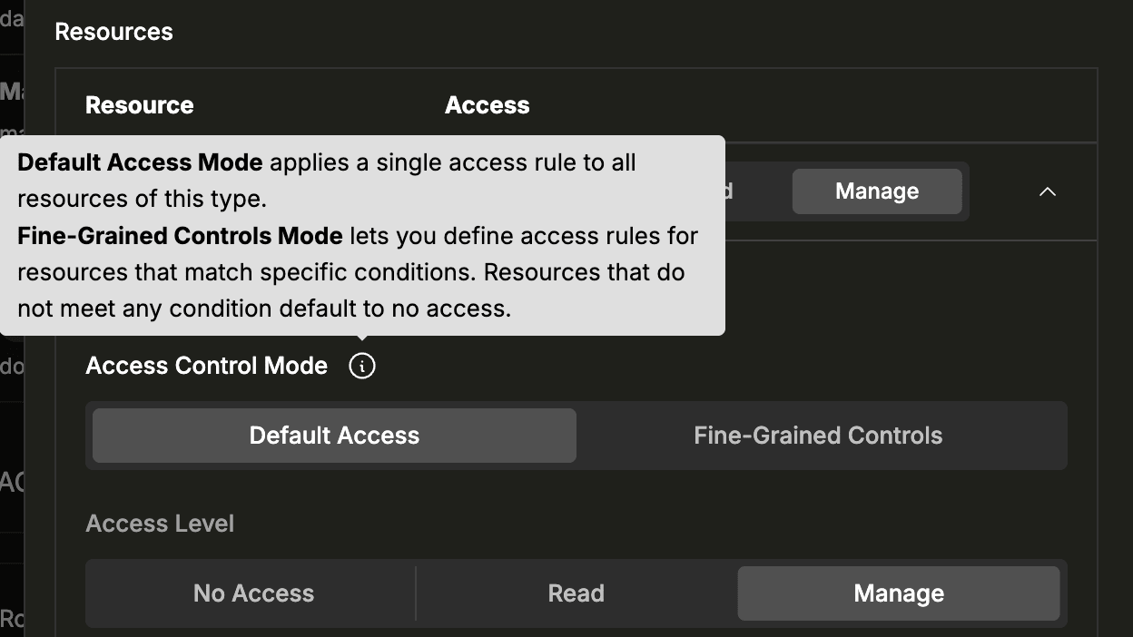 Default Access vs Fine-Grained Controls modes in the role editor