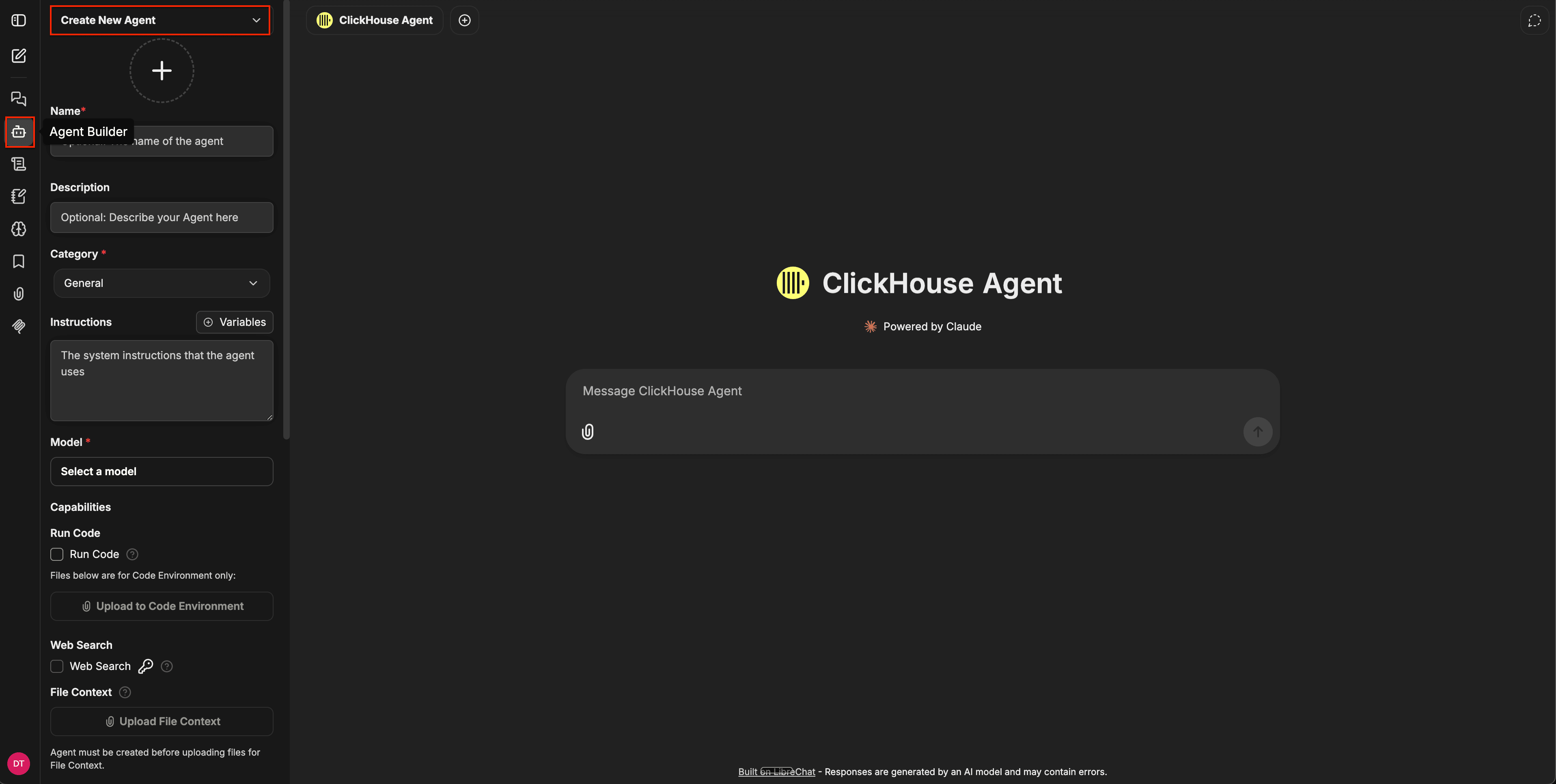 智能体构建器面板,显示 Create New Agent 下拉菜单、表单字段(Name、Description、Category、Instructions、Model)以及 Capabilities 部分