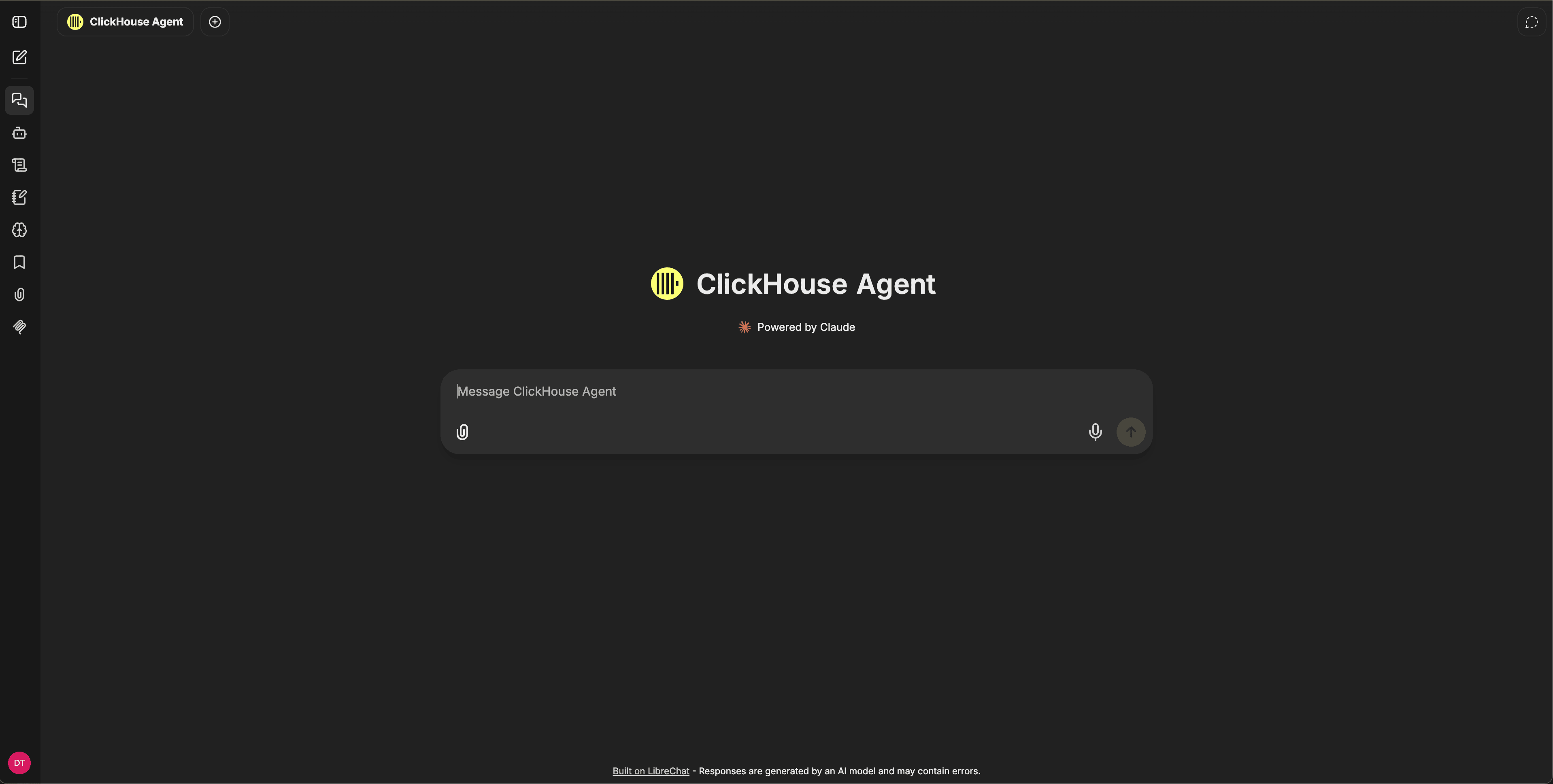 显示左侧导航、agent身份标头和消息输入框的 ClickHouse agent聊天界面