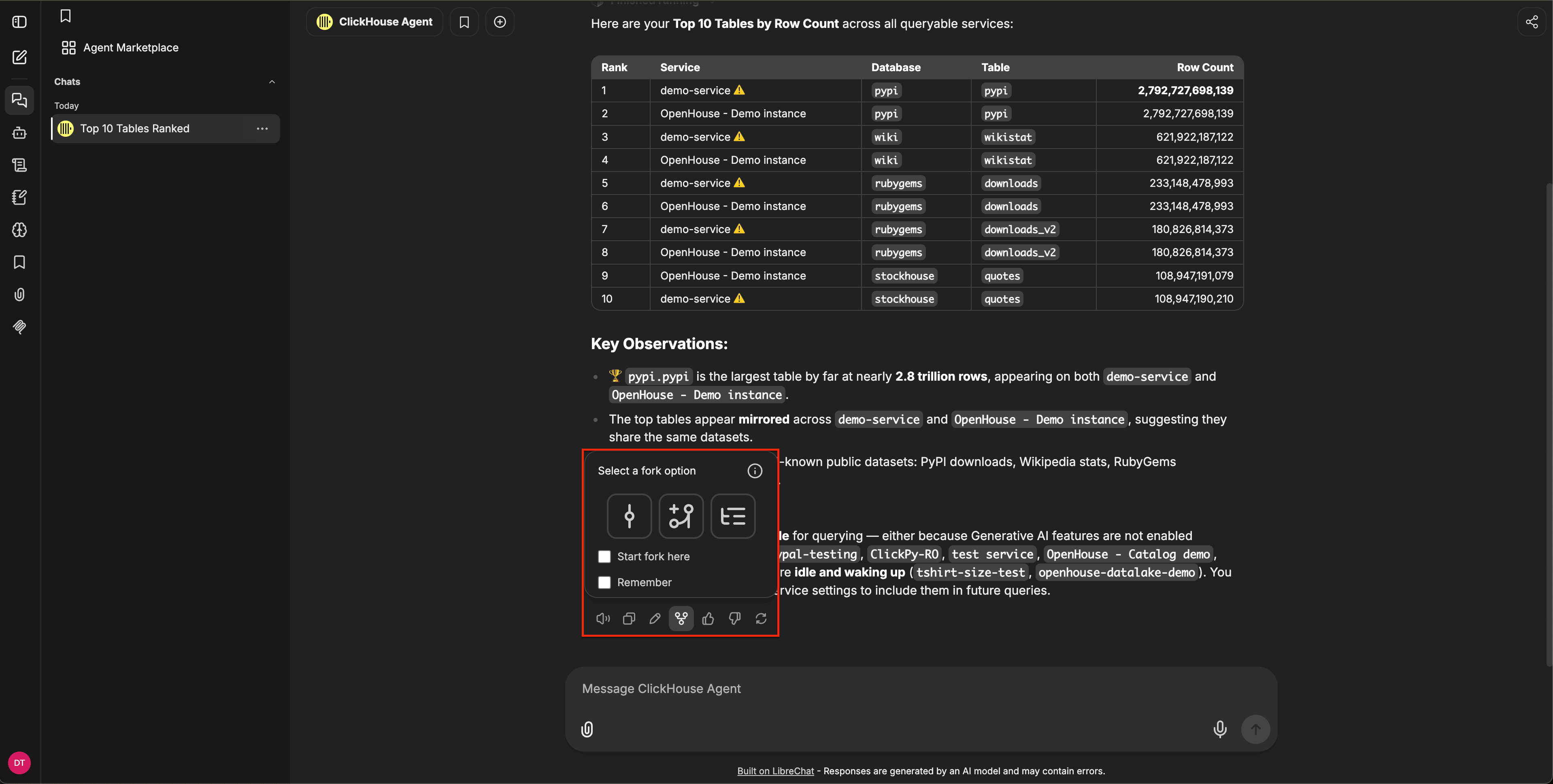 分支选项对话框，显示三个分支模式图标、“Start fork here”和“Remember”复选框，以及下方的消息操作工具栏