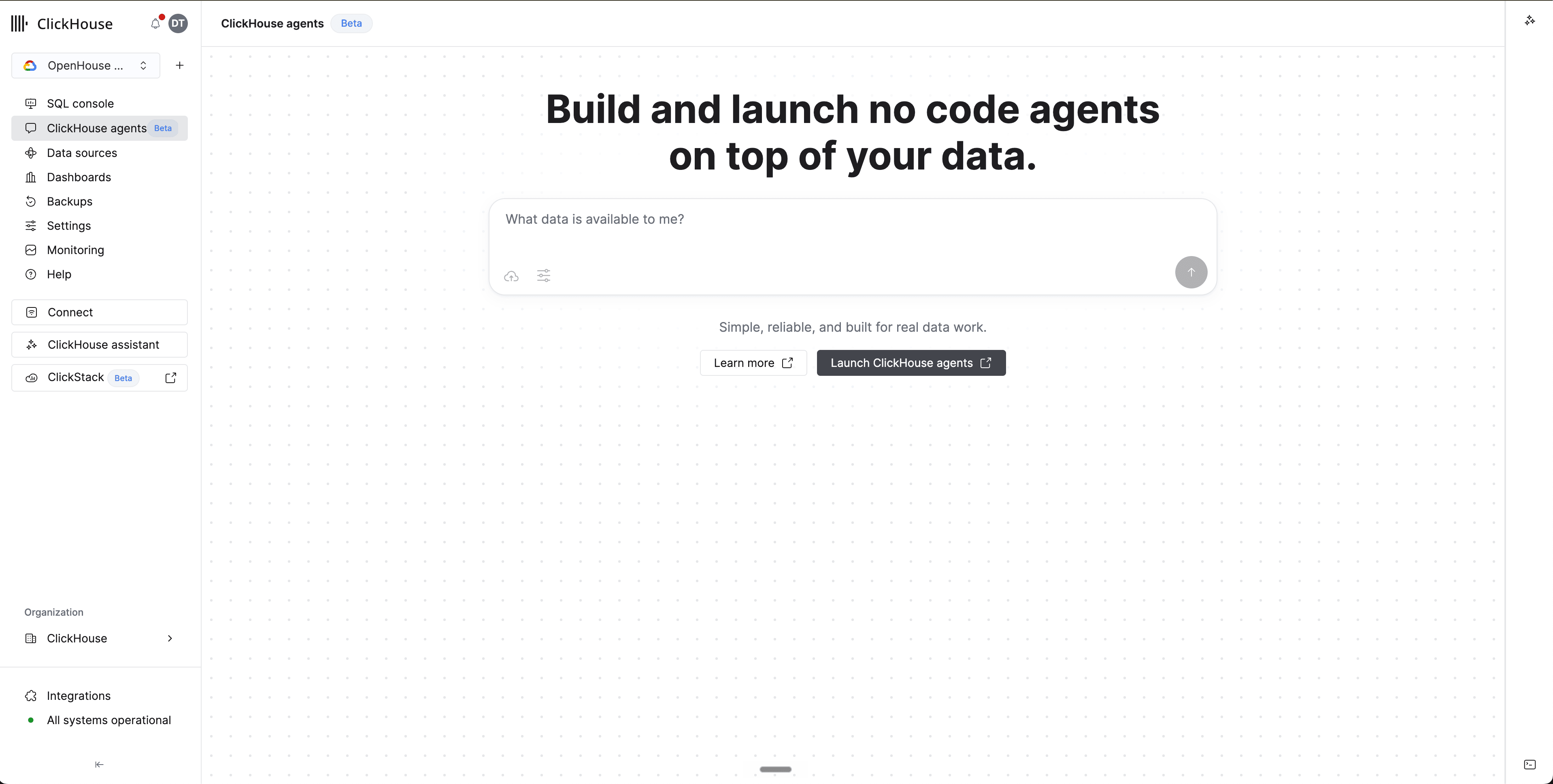 Cloud 服务导航中已选中 ClickHouse 智能体(Beta),显示带有 Launch ClickHouse 智能体 按钮的启动页