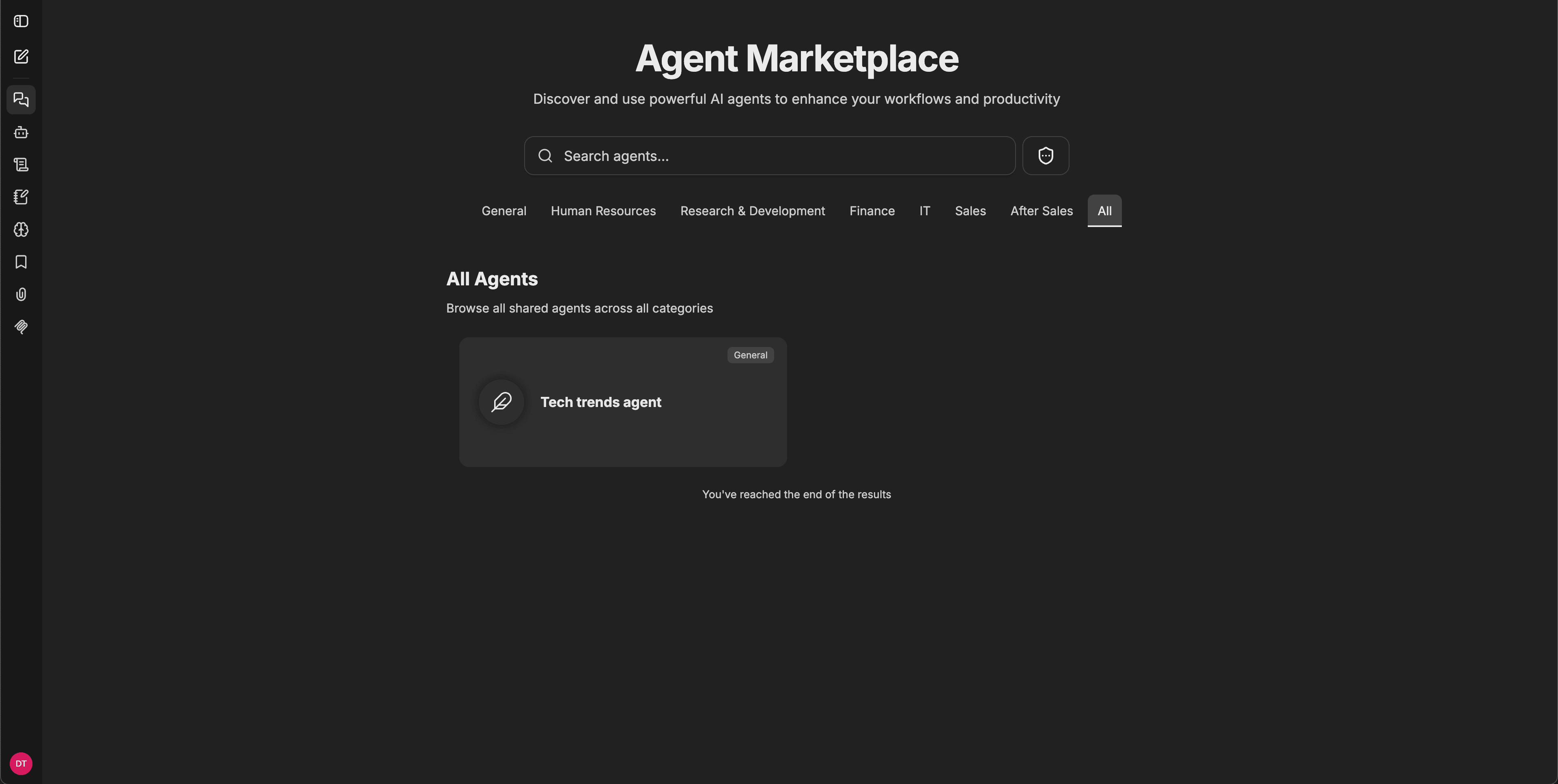 Vue de l’Agent Marketplace avec le titre, la barre de recherche, les onglets de catégorie (Général, Ressources humaines, Recherche et développement, Finance, IT, Ventes, Après-vente, Tous) et une carte d’agent visible