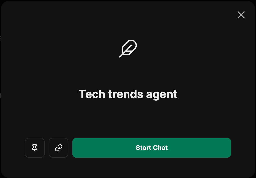 Fenêtre modale des détails de l’agent affichant le nom de l’agent, une icône, ainsi que les actions Épingler, Copier le lien et Démarrer une discussion