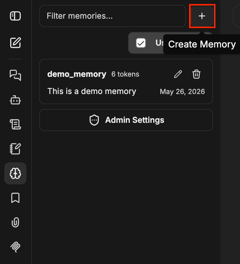 لوحة Memory مع تمييز الزر + الخاص بإنشاء Memory