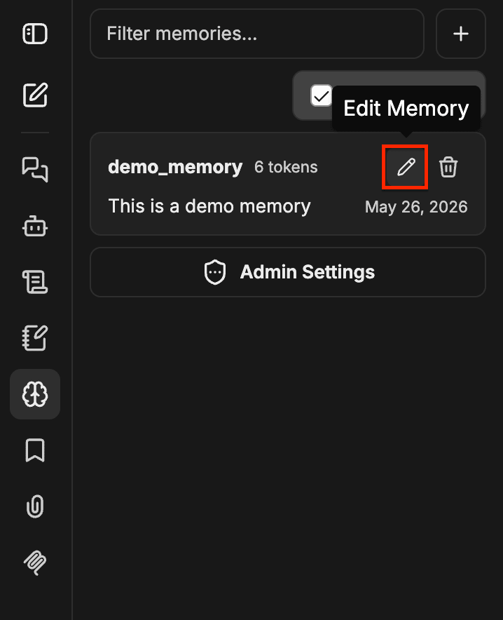 عنصر Memory مع تمييز أيقونة قلم تعديل Memory