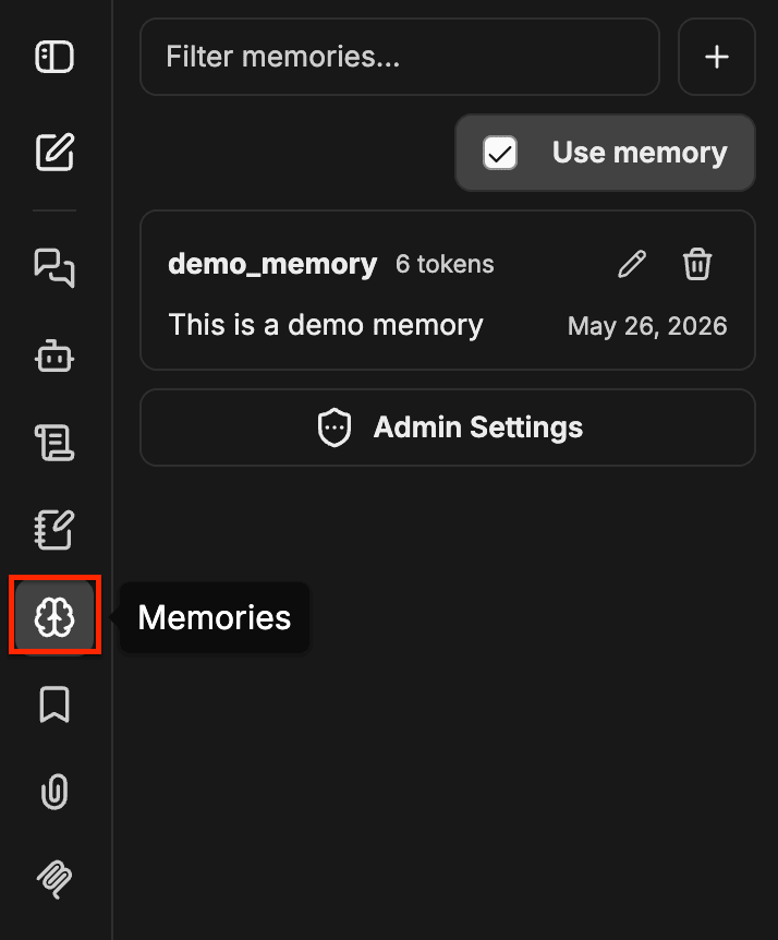 لوحة Memories تُظهر أيقونة الدماغ مميّزة في شريط التنقل الأيسر، وحقل تصفية، وزر Add، ومربع اختيار Use memory، وإدخال Memory مع عناصر تحكم للتحرير والحذف، وزر Admin Settings