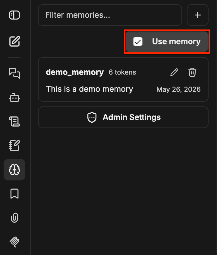 لوحة Memory مع تمييز مربع الاختيار استخدام Memory في الأعلى