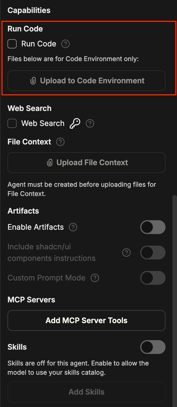 Run Code 체크박스가 활성화되어 있고 Upload to Code Environment 버튼이 있는 Capabilities 패널의 Run Code 섹션