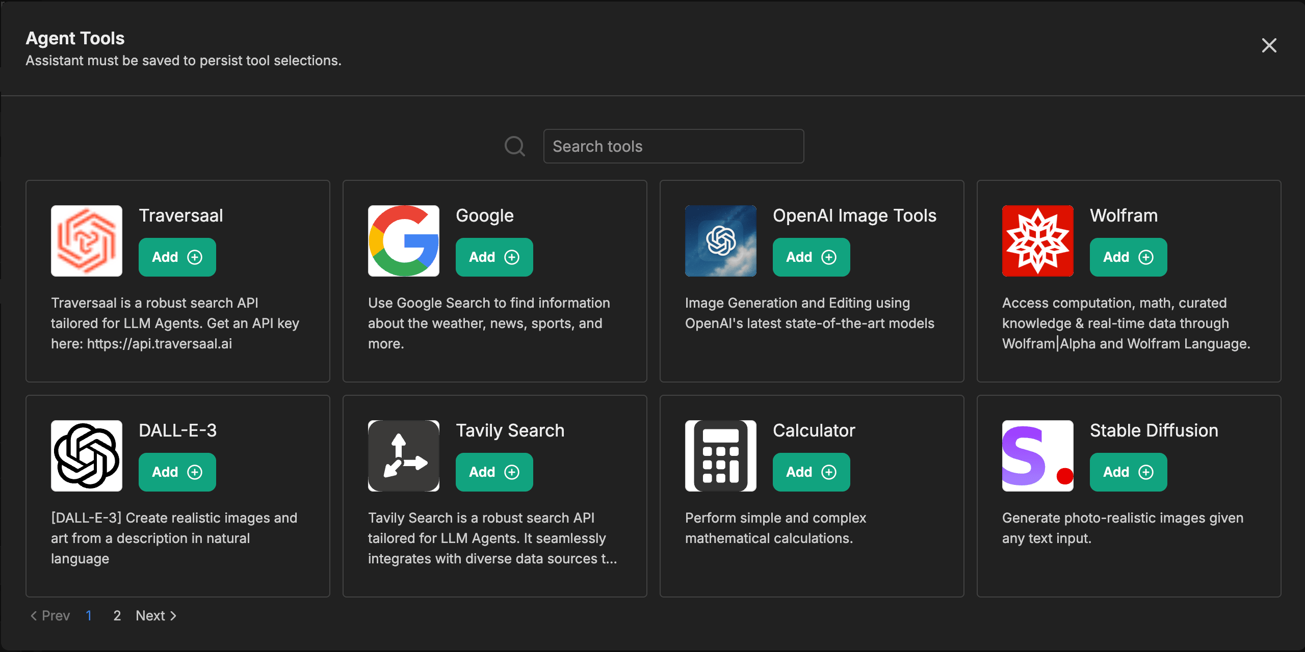 OpenAI Image Tools, DALL-E-3, Stable Diffusion을 포함한 이미지 모델 통합과 기타 타사 도구가 표시된 Agent Tools 모달