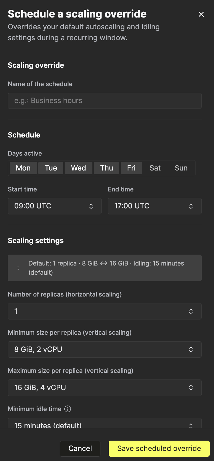 La interfaz de Scaling Schedules en la consola de ClickHouse Cloud, que muestra reglas de escalado basadas en el tiempo
