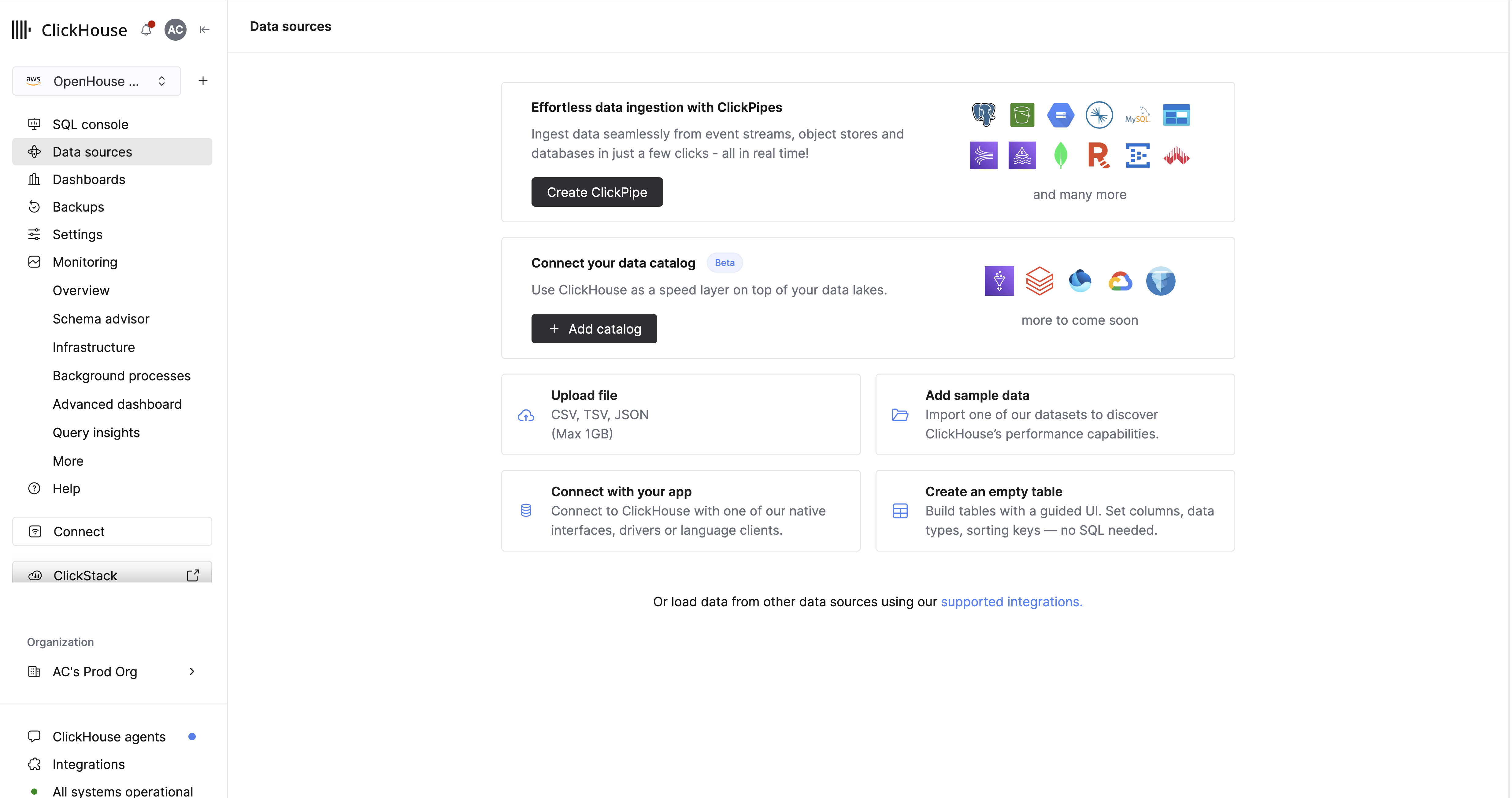 データカタログインテグレーションを表示した ClickHouse Cloud UI