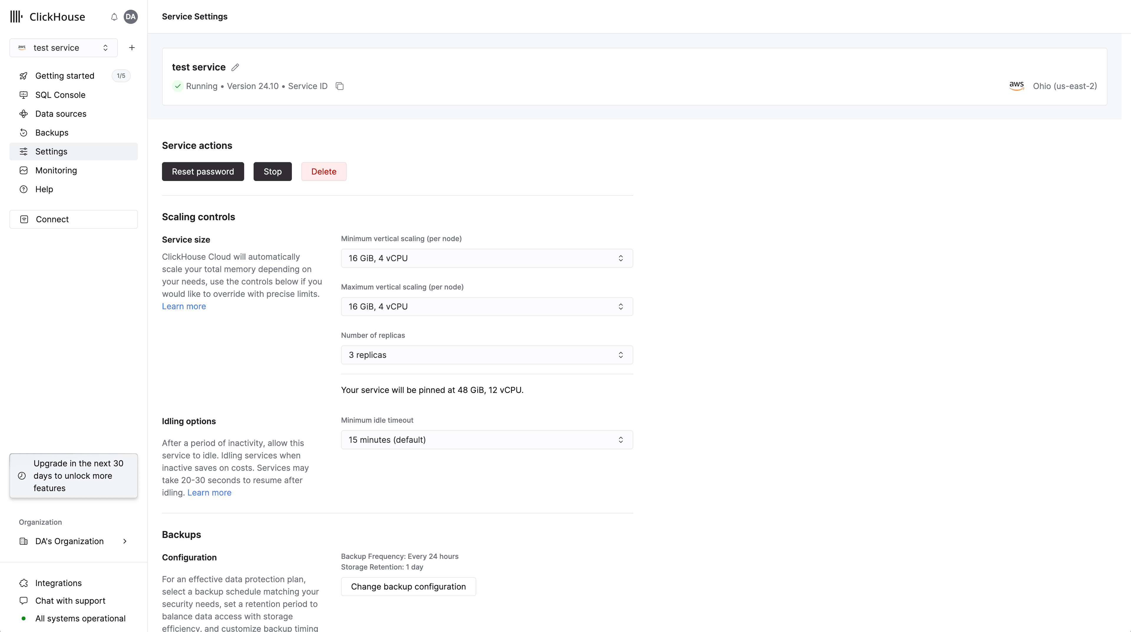 Página de configurações de escalonamento