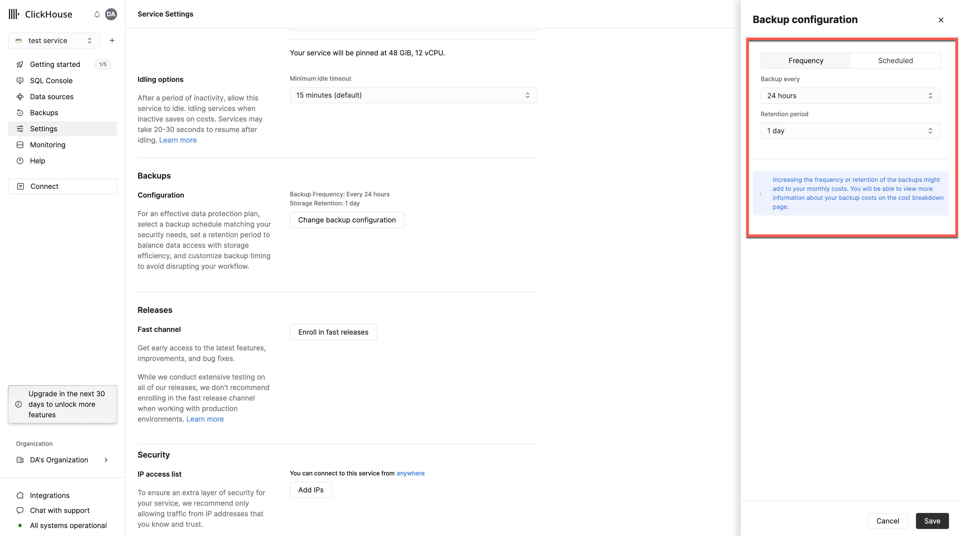 Selecionar retenção e frequência de backup