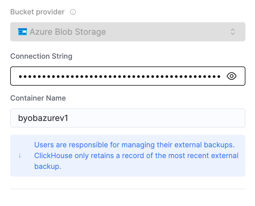 Proporcione la cadena de conexión y el nombre del Container de su storage account de Azure