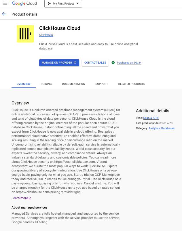 Página do ClickHouse Cloud no Marketplace do GCP