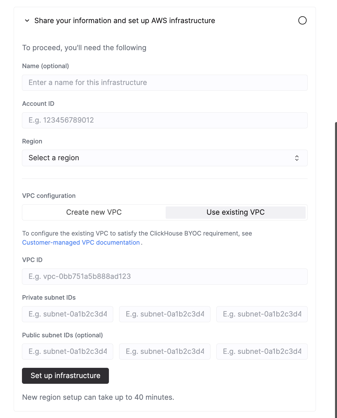 Интерфейс настройки BYOC в ClickHouse Cloud с выбранным пунктом Use existing VPC