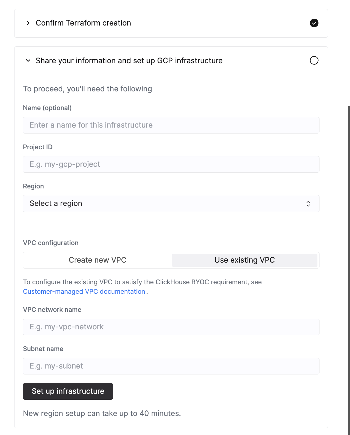 UI de configuração do BYOC do ClickHouse Cloud com Use existing VPC selecionado para GCP