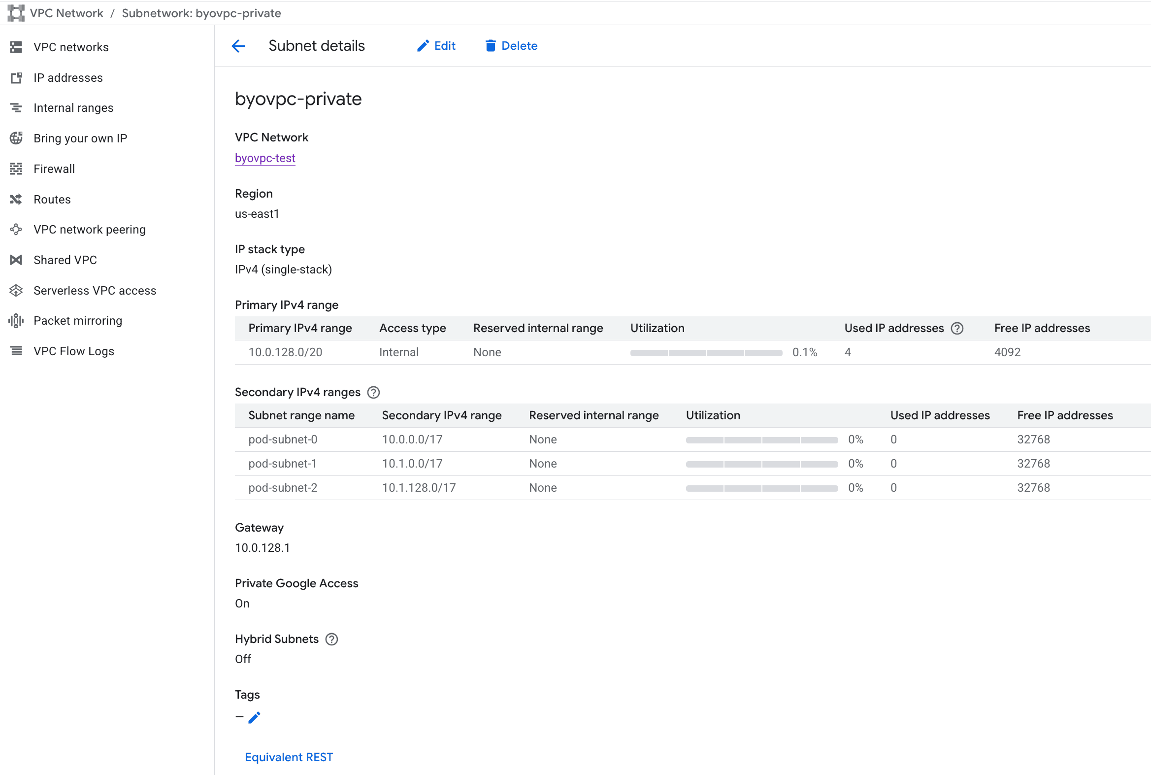 Detalhes da sub-rede BYOC no GCP mostrando intervalos IPv4 primário e secundário com o Private Google Access ativado