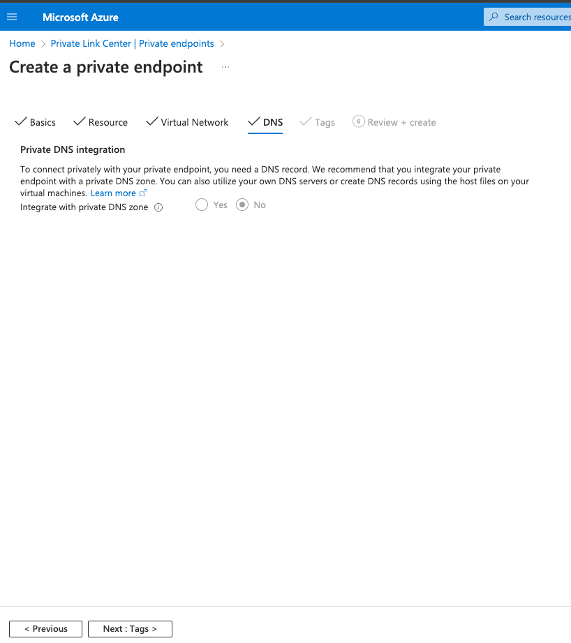 Configuração de DNS do Private Endpoint