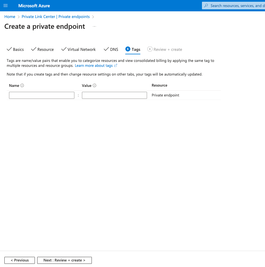 Tags do Private Endpoint