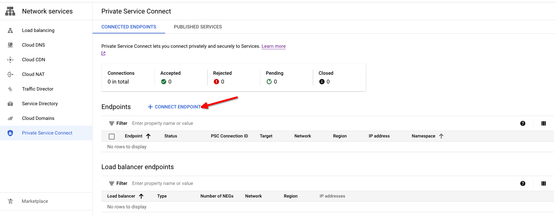 Открытие Private Service Connect в консоли Google Cloud