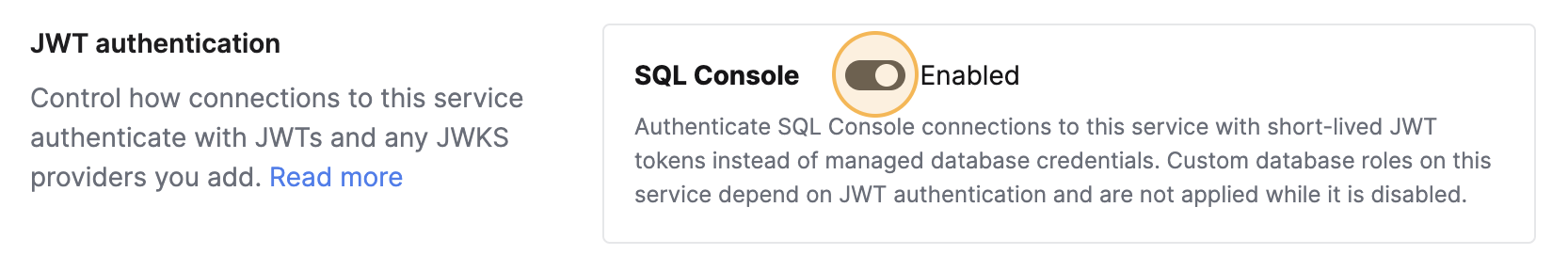 已启用 SQL 控制台 切换开关的 JWT 身份验证卡片