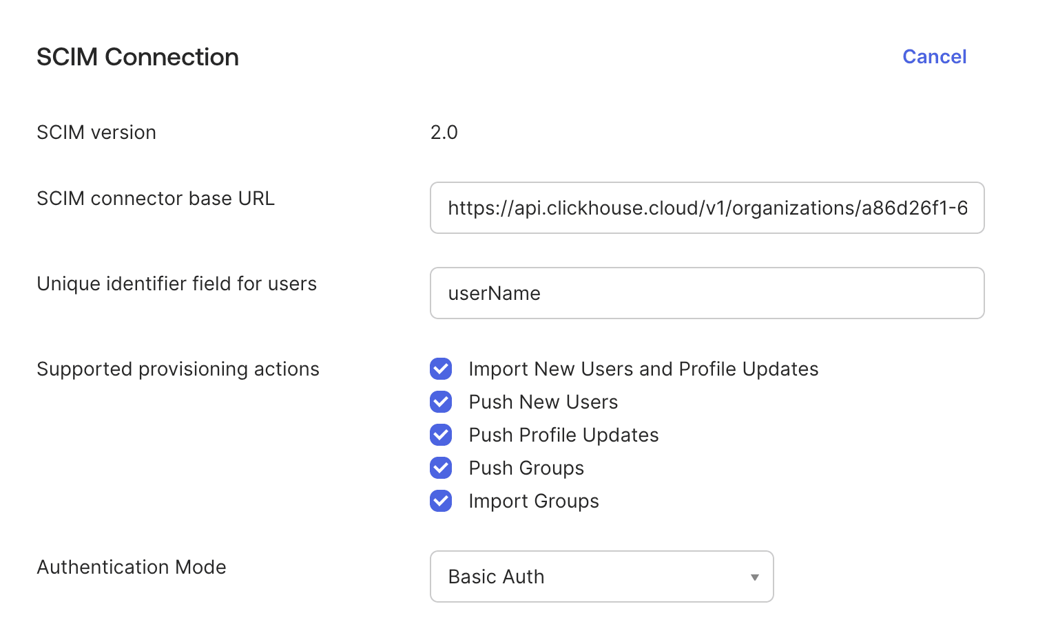 Введите URL коннектора SCIM и задайте уникальный идентификатор userName