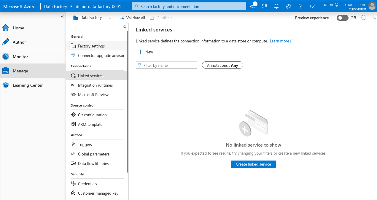Azure Data Factory 新建链接服务按钮