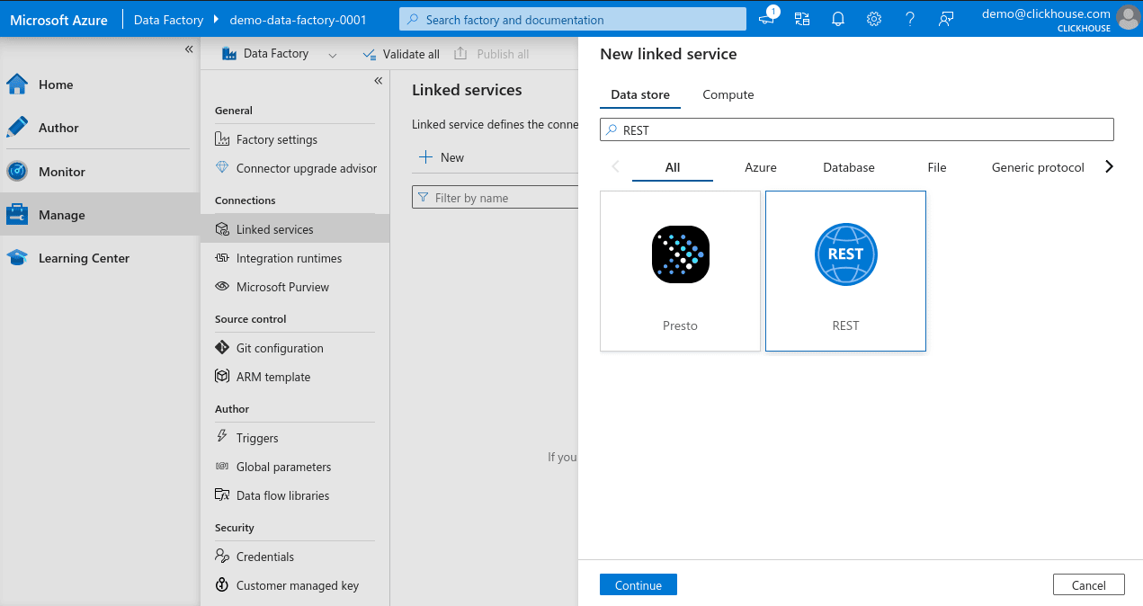 Azure Data Factory 新建链接服务搜索