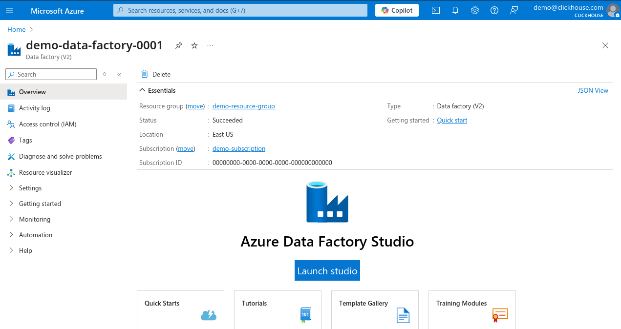 Azure 门户 Data Factory 页面