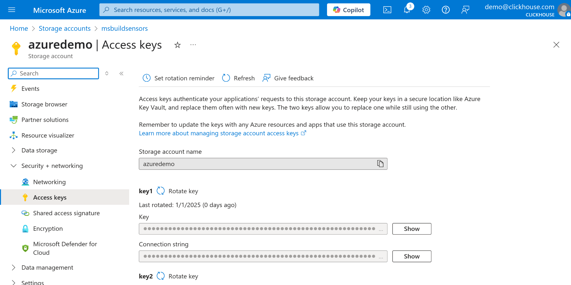 Azure 数据存储访问密钥