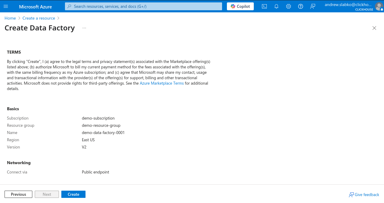 Azure 门户新建 Data Factory 确认