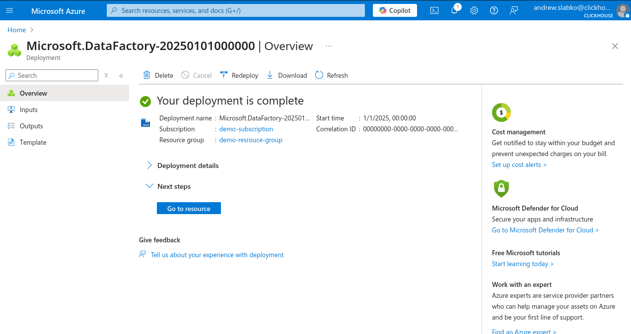 Azure 门户新建 Data Factory 成功