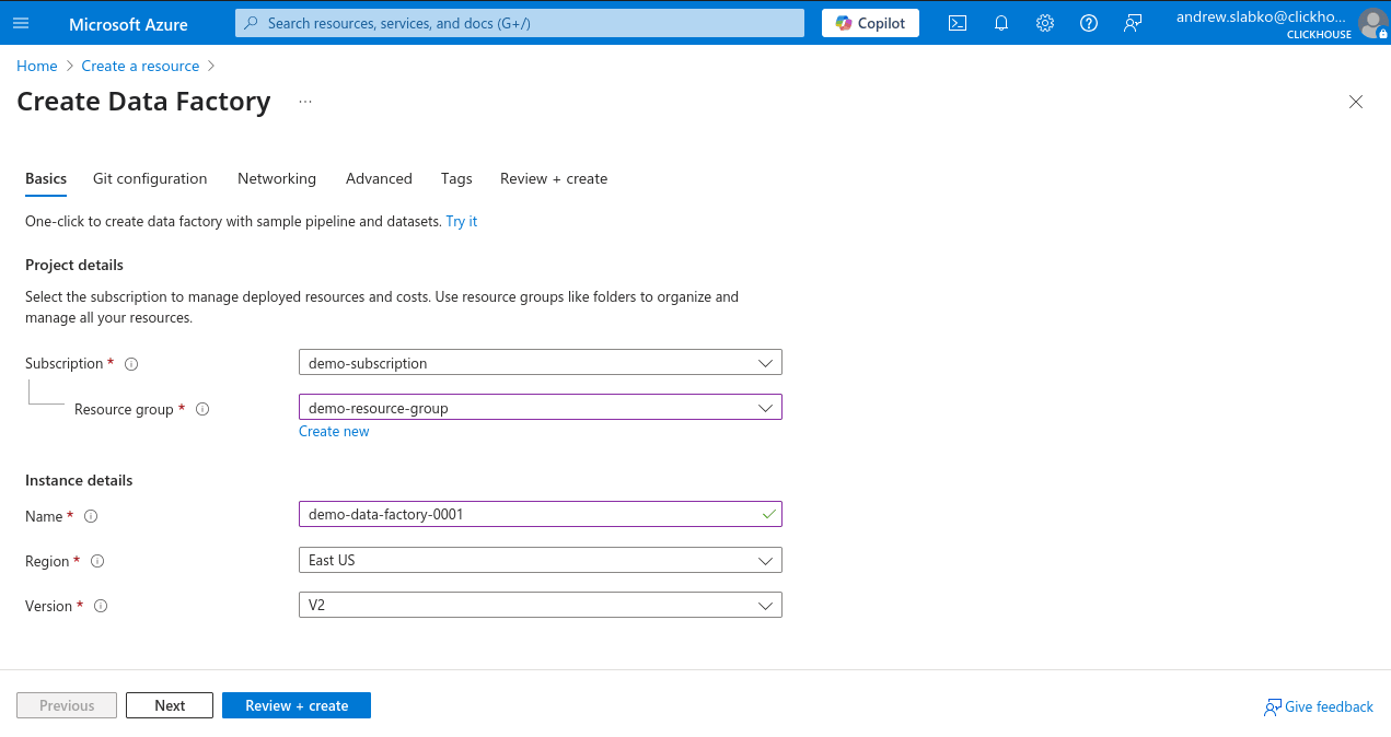 Azure 门户新建 Data Factory