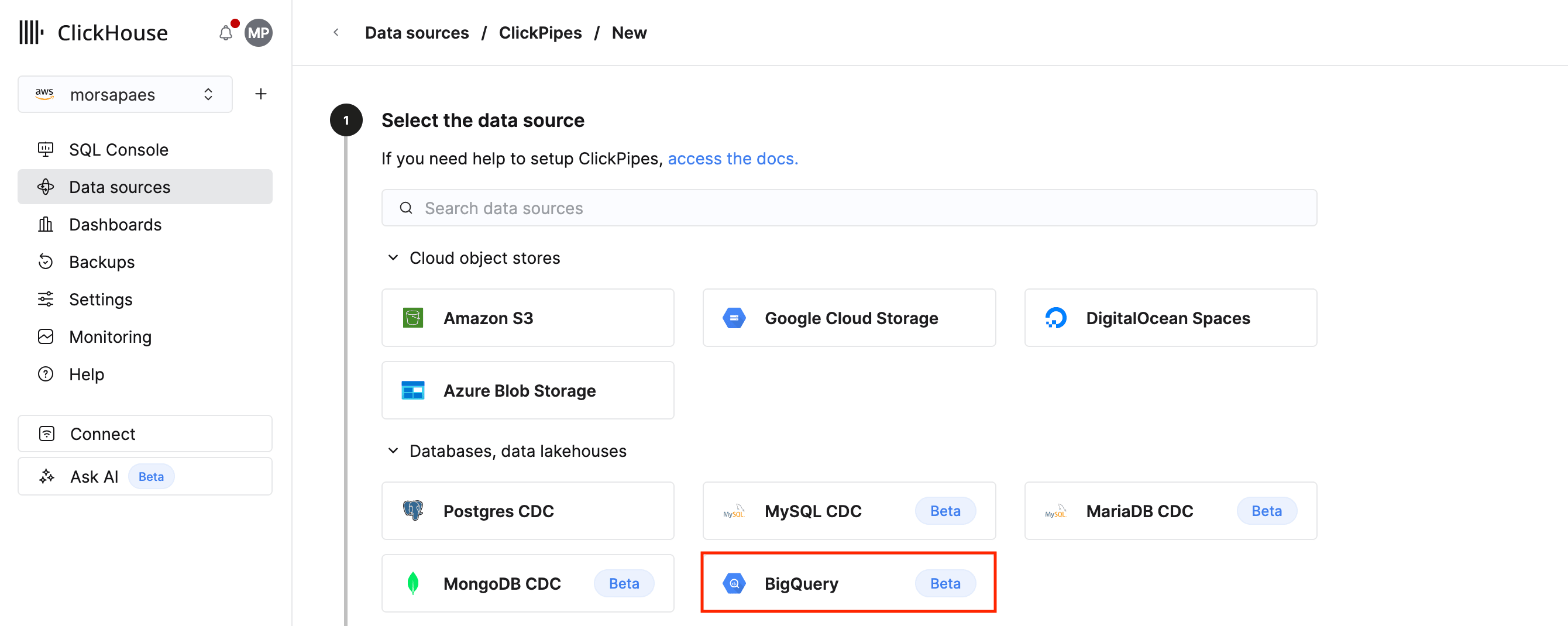 Selecionar tile do BigQuery