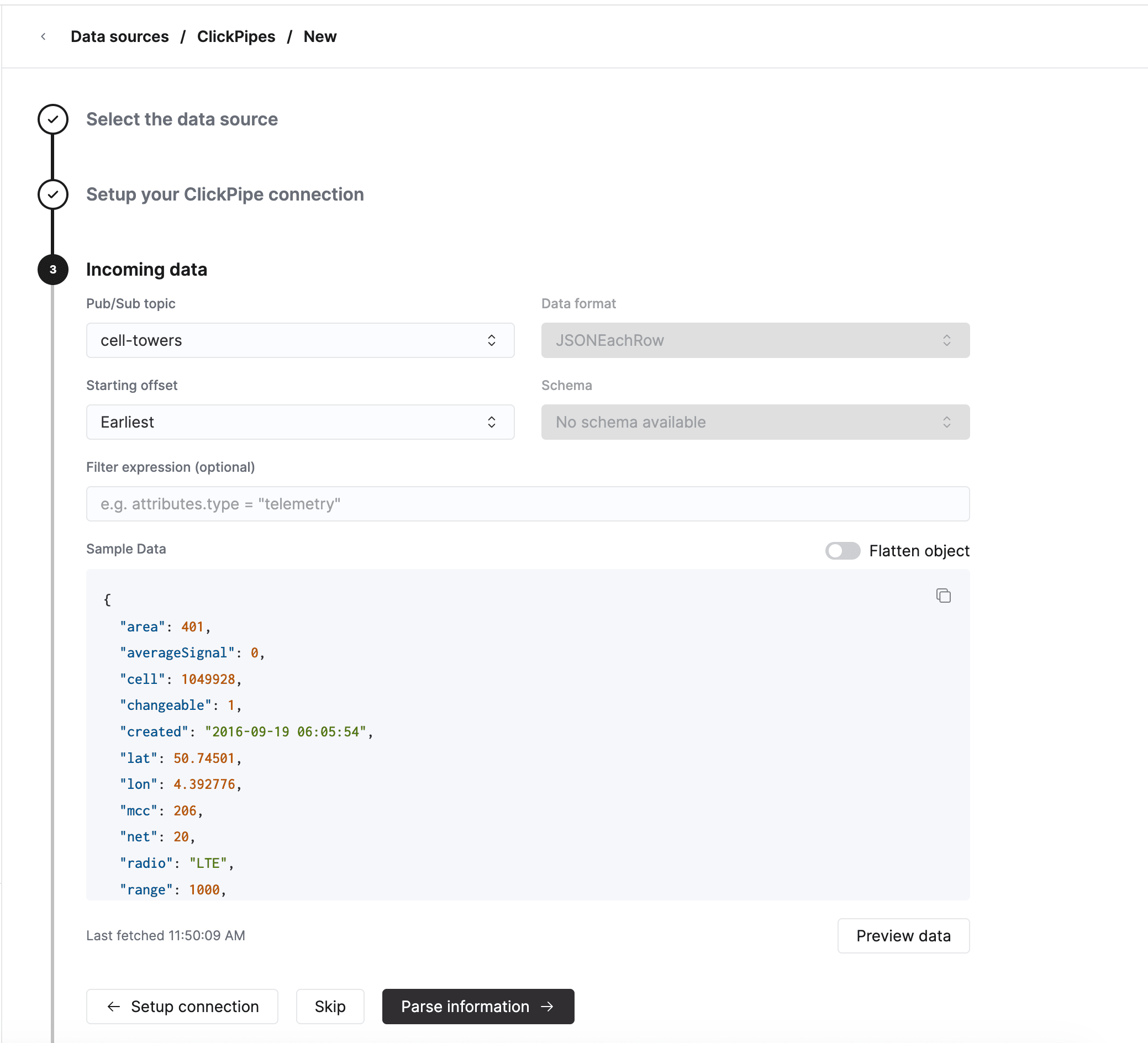 Configurar el tema de Pub/Sub, el formato y el offset inicial