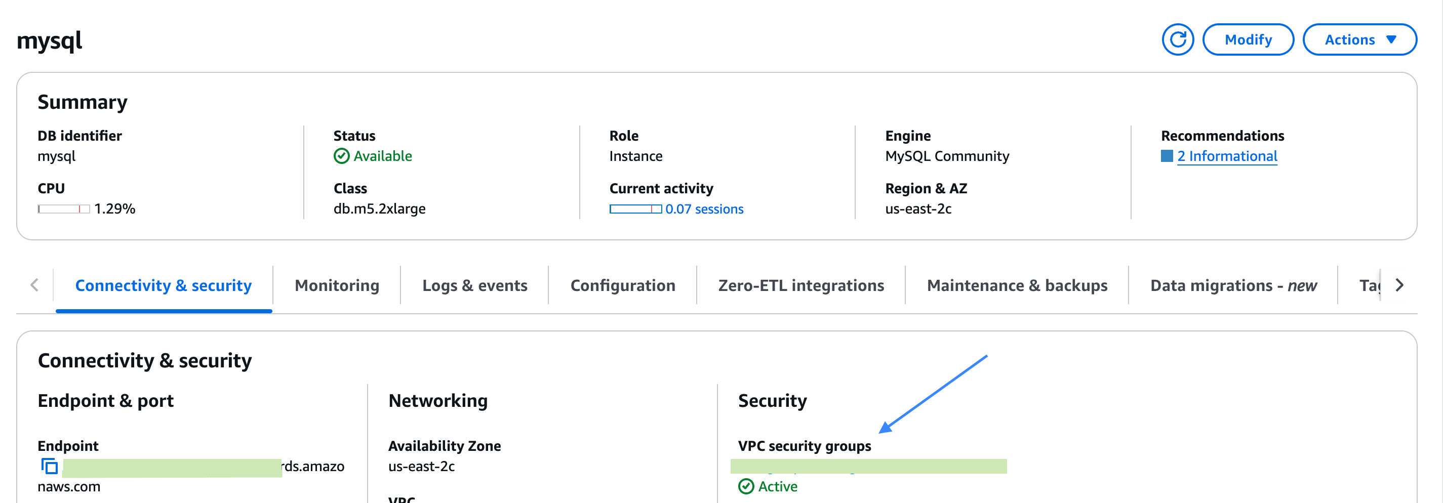 ¿Dónde encontrar el grupo de seguridad en Aurora MySQL?