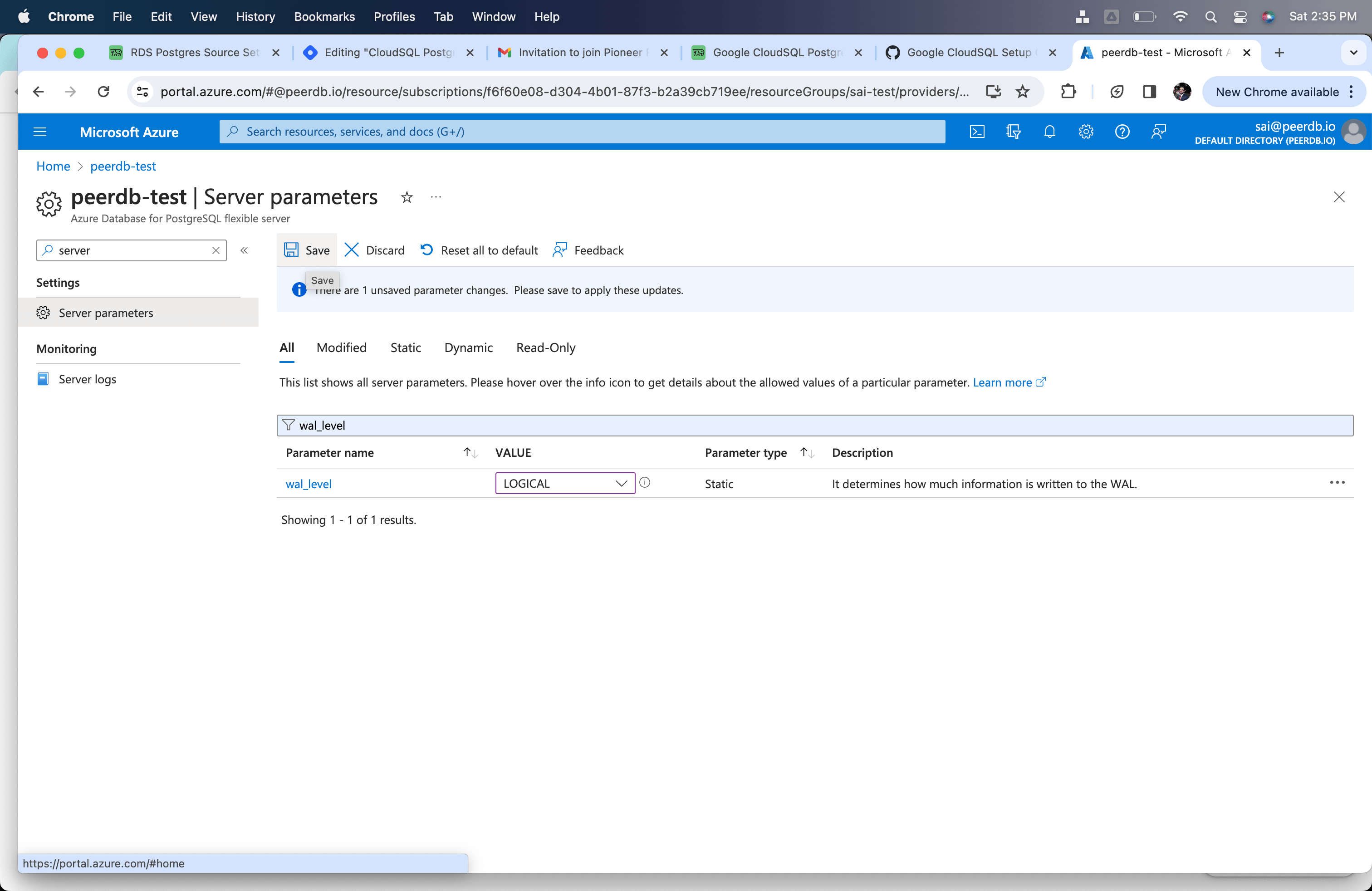 تغيير wal_level إلى logical في Azure Flexible Server for Postgres