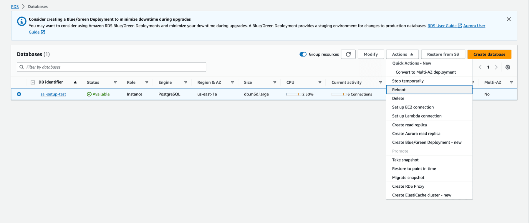 إعادة تشغيل RDS Postgres