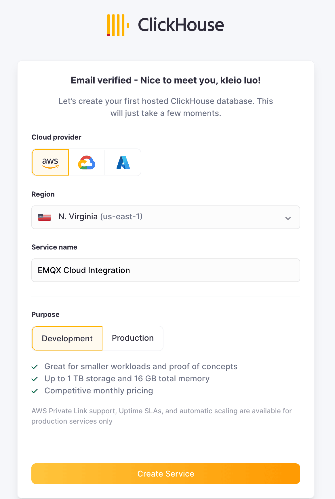 显示 AWS 区域选择的 ClickHouse Cloud 服务部署界面