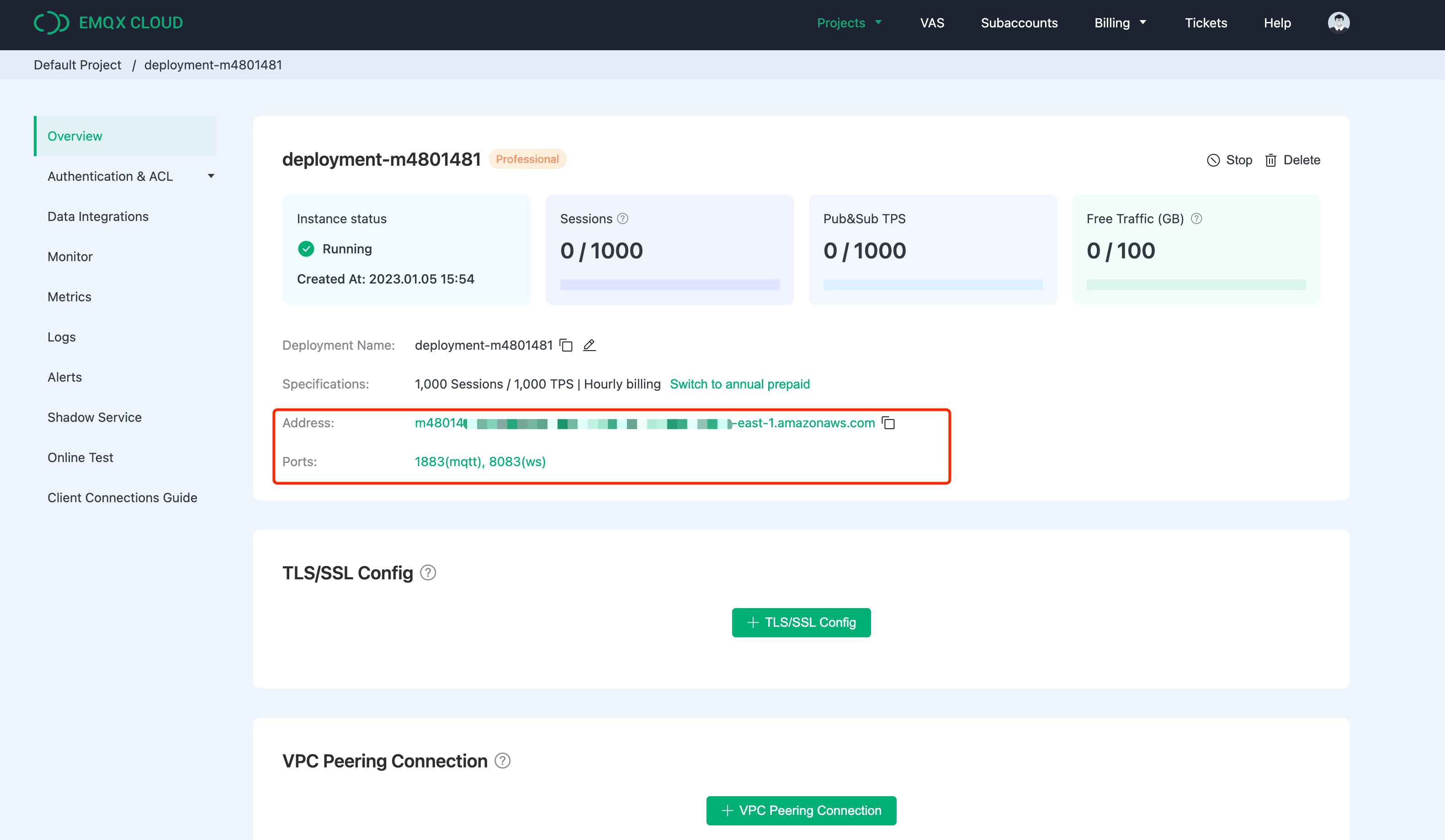 EMQX Cloud 概览仪表板，显示 broker 指标